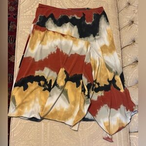 Susan Lawrence Rust, Mustard, Black,Cream Abstract Asymmetrical Flowy Skirt